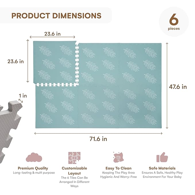Childlike Behavior Baby Play Mat - Extra Large, Foam Play Mat with Soft Interlocking Floor Tiles 72x48 Inches - Baby Floormat for Infants, Toddlers and Kids (Leaves)