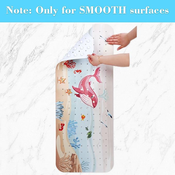 Secopad Bath Mat for Tub Non Slip, Machine Washable Anti-Slip Cartoon Baby Bathtub Shower Mat with Drain Holes and Suction Cups for Toddler & Kids (40 Inch x 16 Inch-Rectangular, Rosy Whale)