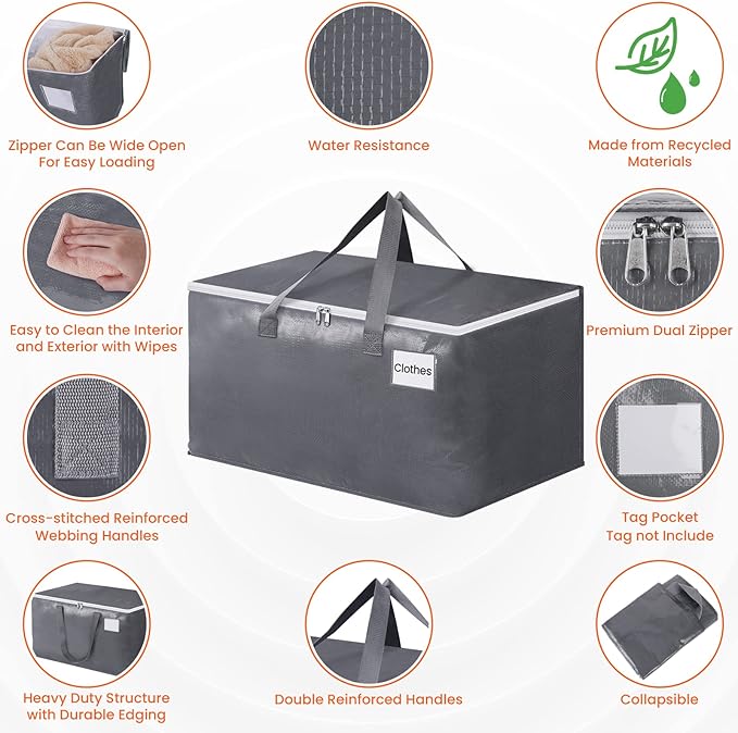 BlissTotes Large Moving Boxes and with Zippers & Handles Moving Supplies with lids, Heavy Duty Totes for Storage Bags for Space Saving, Fold Flat, Moving and Storing 76L, 10 Pack