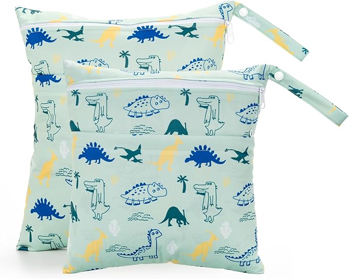 2 Pack Wet Dry Bags Waterproof Washable Travel Bags, Wet Bag with 2 Zippered Pockets for Diapers, Daycare, Bathing, Travel, Beach, Wet Swimwear, Yoga Gym