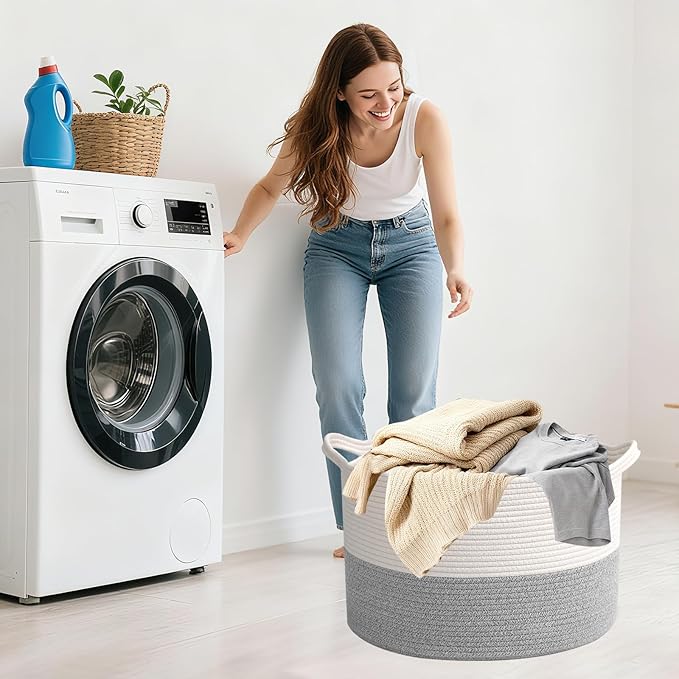 Large Storage Basket with Handle,23.6" x 23.6" x 15.7" Blanket Basket Storage Bins for Organizing,115L Cotton Rope Woven Baskets for Living Room, Nursery,Bedroom,White&Grey
