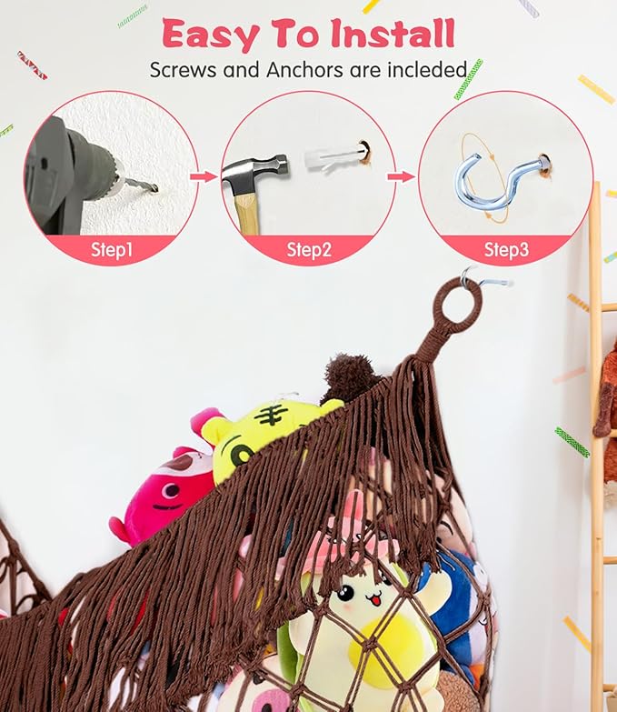 Stuffed Animal Hammock - Extra Large 63'' Long, Stuffed Animal Storage, stuffed animal Holder net, Hammock Large, Storage Hanging Organizer - Chocolate color
