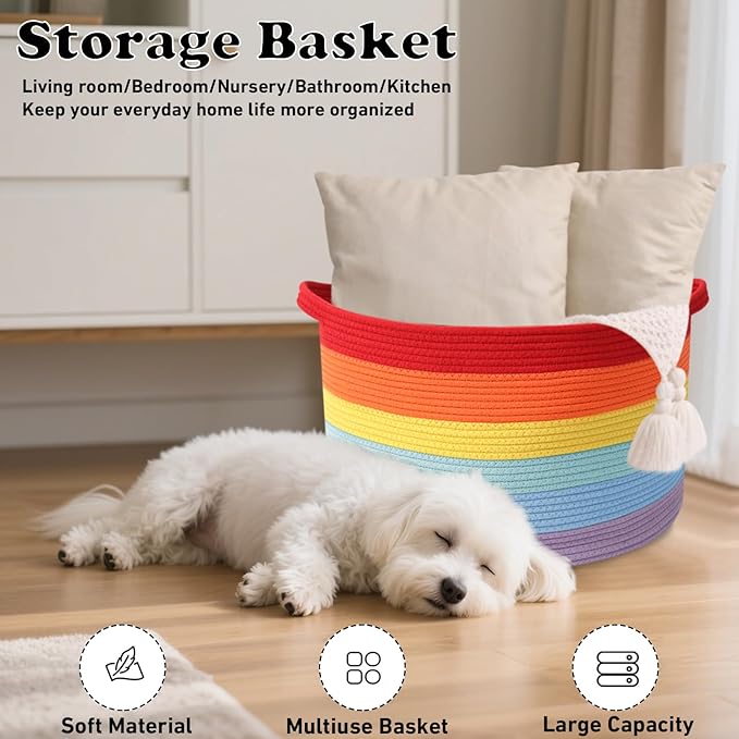 Large Storage Basket with Handle,19.7" L x 19.7" W x 13" H Blanket Basket Storage Bins for Organizing,65L Cotton Rope Woven Baskets for Living Room, Nursery,Bedroom,Rainbow