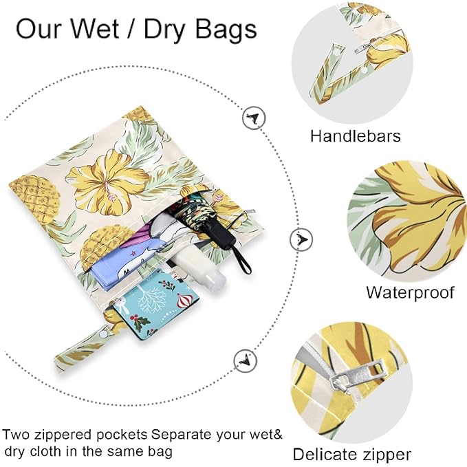 visesunny Tropical Yellow Pineapple and Flower 2Pcs Wet Bag with Zippered Pockets Washable Reusable Roomy for Travel,Beach,Pool,Daycare,Stroller,Diapers,Dirty Gym Clothes, Wet Swimsuits, Toiletries