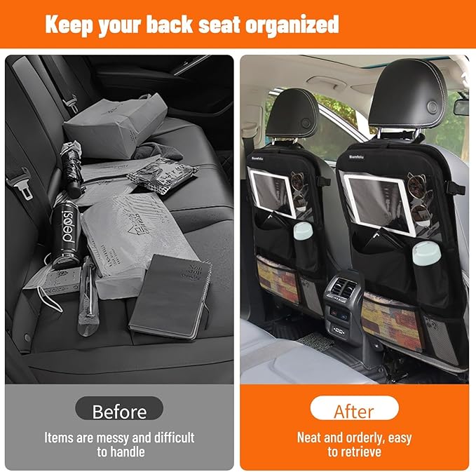 Back Seat Car Organizer with Foldable Table Tray of 2 Pack-Car Kick Mats Back Seat Protector with 12 Storage Pockets Tablet Holder for Family Travel Essentials (Black)