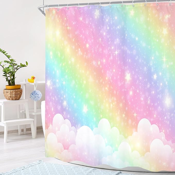 Kids Rainbow Shower Curtain 60Wx72H Girls Pastel Cartoon Cute Colorful Sky Clouds Stars Aesthetic Bathroom Curtain Set Girly Bath Curtain Cloth Fabric Bathroom Accessories Decor with 12 Hooks
