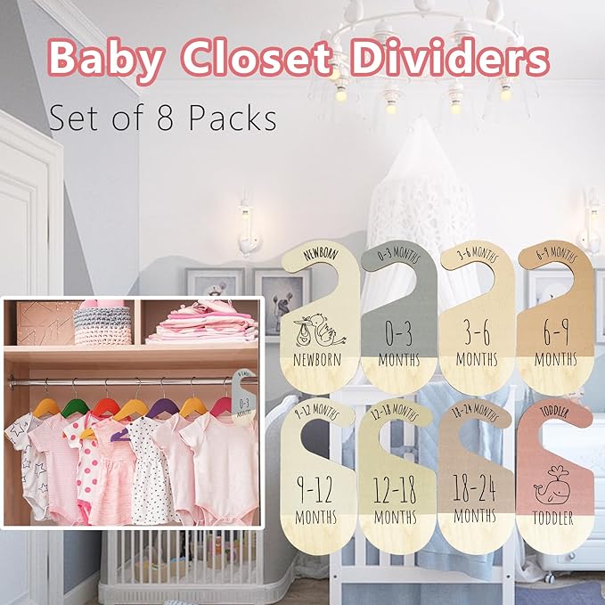 Baby Closet Dividers, Hanging Wooden Double-Sided Nursery Decor Closet Dividers for Baby Clothes, Baby Clothes Dividers for Newborn to 24 Months Size Clothes