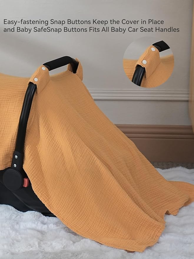 TILLYOU Baby Car Seat Cover, Breathable Muslin Cotton Infant Car Seat Cover, Lightweight Canopy with Sun and Bug Protection(Orange)