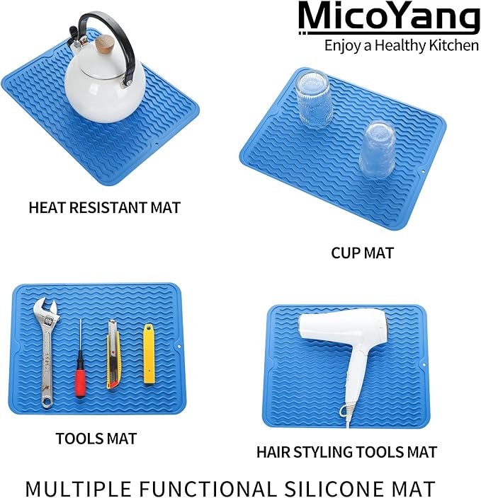 MicoYang Silicone Dish Drying Mat for Multiple Usage,Easy clean,Eco-friendly,Heat-resistant Silicone Mat for Kitchen Counter or Sink,Refrigerator or drawer liner Lichen BlueL L 16 inches x 12 inches