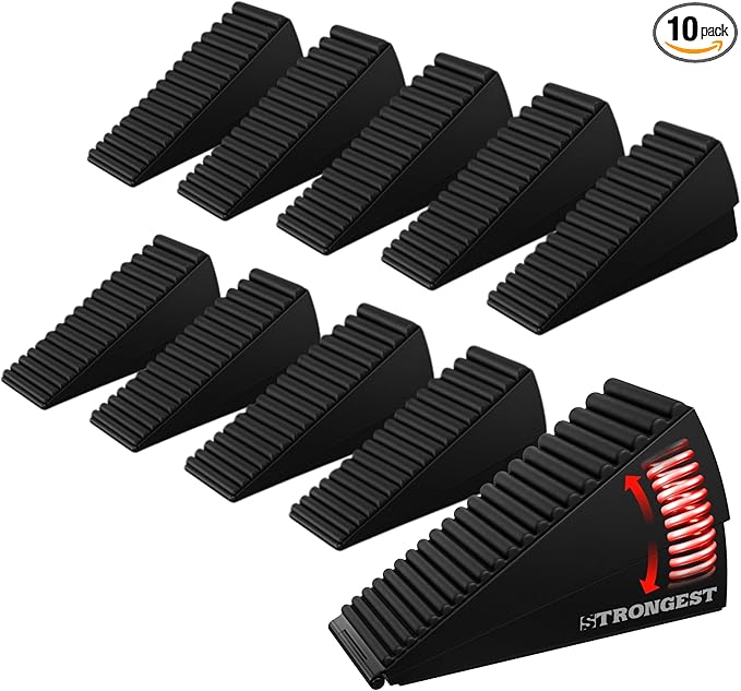 Strongest Home 10 Pack XL Adjustable Door Stopper with Spring – Heavy Duty Wedge for Oversized, Thick & Heavy Doors, Anti-Slip Rubber Grip, Commercial, Home & Outdoor Use on Carpet, Wood, Tile - Black
