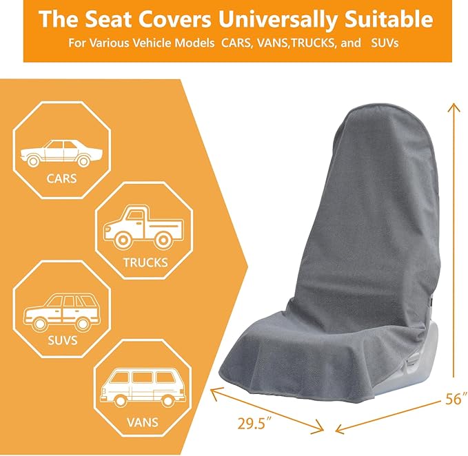 Towel Car Seat Covers - Super Absorbent Front Seat Protectors for Gym, Pets & Travel | Quick-Dry Towel Fabric | Universal Non-Slip Fit for Sedan, SUV, Truck (1 Pack Grey)