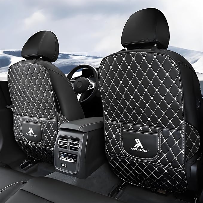 FASTAGEI 2 Pack Universal Car Kick Mats Back Seat Protector with Storage Pockets, Premium Leather Car Seat Back Cover Protector Waterproof Scratch-Resistant Easy Clean