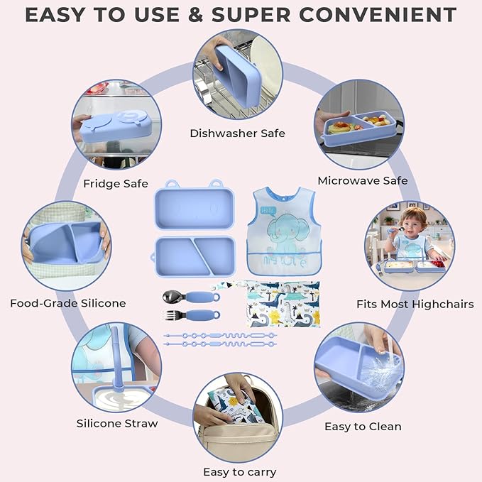 Travel Silicone Baby Feeding Set, 9pcs Portable Feeding Supplies, Toddler Suction Plates, 316 Stainless Steel Spoon & Fork, Silicone Baby Toy Straps, Lightweight Foldable Bib, Straw, Storage Bag