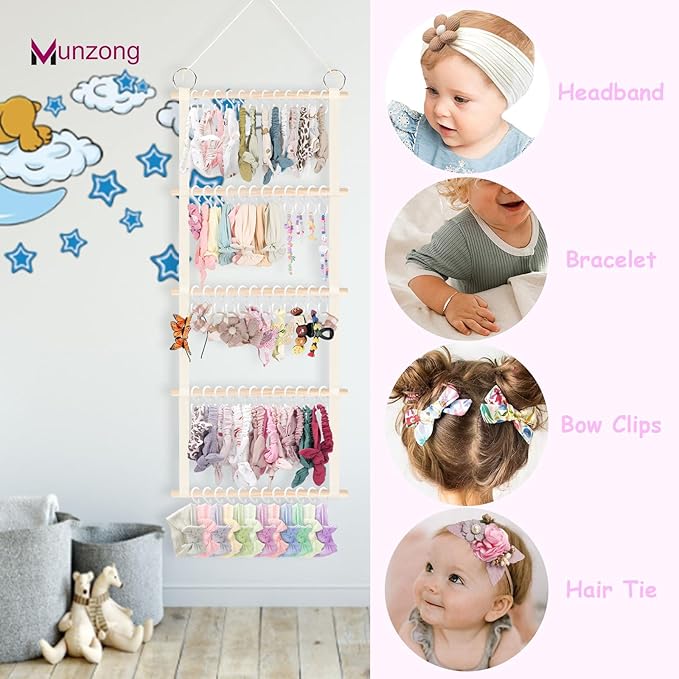 Munzong Headband Holder 52x17 inch, Beige Bow Organizer for Baby Girls, Extra Large Nursery Wall Hanging Clip Storage w/ 60 Hooks, Hair Accessories Organizer Rack Shelf for Toddler Kids Room Decor