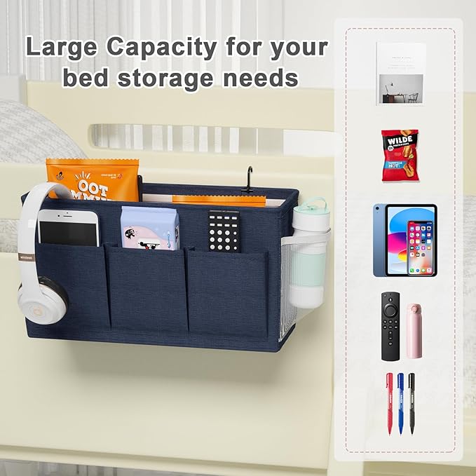 Edudif Dual-purpose Bedside Caddy Bedside Organizer, Bed Caddy with 6 Pockets, Versatile Bedside Storage Solution Magazine Remotes holder, ideal for Home, Dorm, Hospital, Crib Bed (Navy)