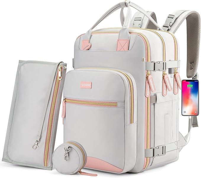 BAGPARKK Diaper Bag Backpack, Multi function Baby Bag with Portable Changing Pad, Pacifier Holder,Waterproof Diaper Bags with USB Charging Port,Anti-Theft Travel Backpack for Mom, Dad, Newborn (Gray)