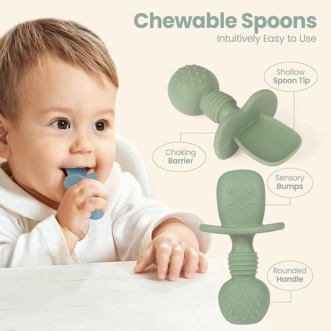 Eascrozn 2 Pack Baby Plates with Suction, 2 Pack Silicone Forks and Spoons Set, Baby Led Weaning Supplies, BPA Free, Toddler Utensils for Feeding Essentials