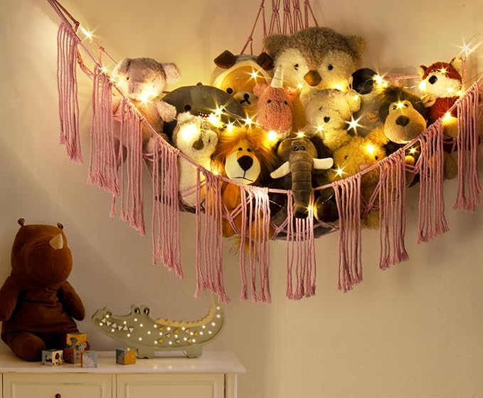 Stuffed Animal Hammock Corner Net with LED Light - Toy Storage Holder - Pink Cute Room Bedroom Decor for Teen Girls - Cute Bedroom Aesthetic Stuff for Baby Nursery Toddler Kids 8 - 10 - 12 Years Old