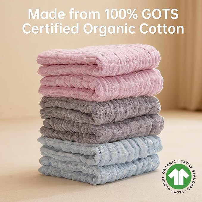 Bear Rocket Organic Muslin Baby Washcloths 6 Pack Baby Bath Face Towel 12x12 Inch Extra Absorbent and Soft Burp Cloth and Wash Cloths for Newborn-Infants On Sensitive Skin (Grey Pink Blue)