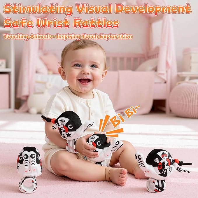 High Contrast Baby Toys for Newborn, Black and White Baby Sensory Toys 0-12 Months with Car Seat Toys & Soft Plush Toy, Activity Hanging Toys Velcro for Stroller Toys Baby Gifts