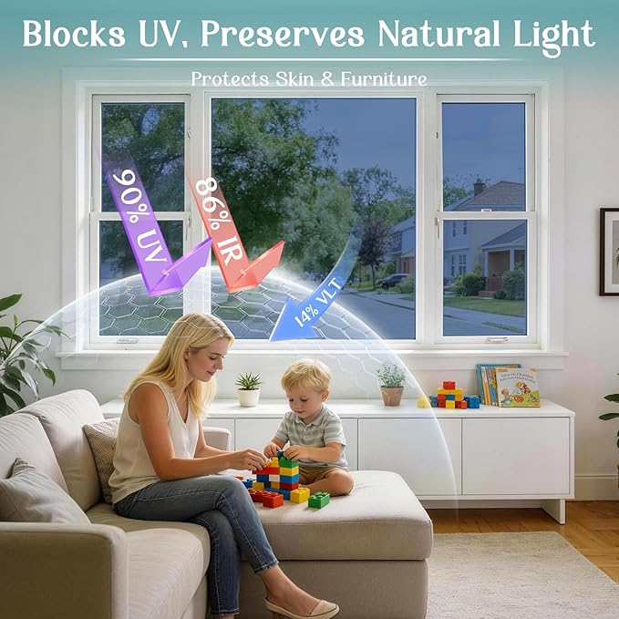 Haton Window Privacy Film One Way Window Tint for Home, Sun UV Blocking Heat Control Reflective Mirror Film, No Glue Static Cling See Out Not in Glass Door Covering, Blue Silver, 17.5" x 157.4"
