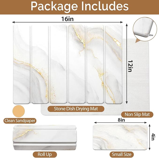 Small Stone Dish Drying Mat for Kitchen Counter, 2 PCS 16"×12" & 8"x4" Quick Dry Stone Mats, Foldable Water Absorbing Diatomaceous Earth Drying Dish Pad for Countertop Bottles Utensils Cup(Gold White)