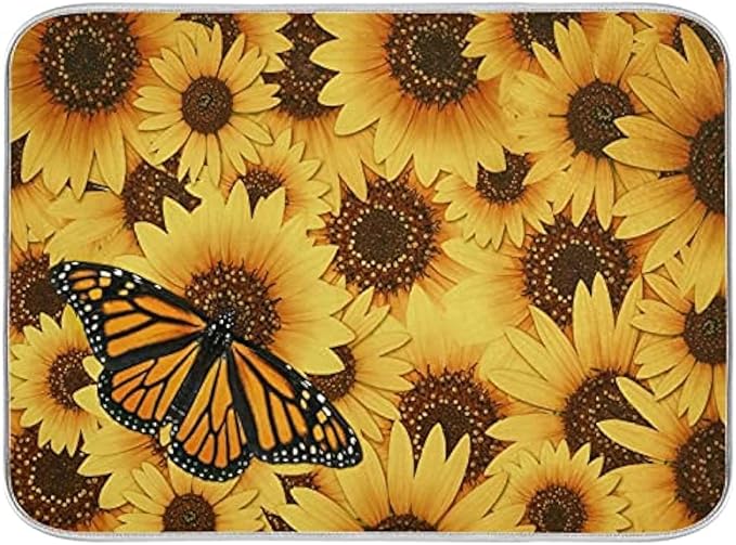 Monarch Butterfly Dish Drying Mat Small for Kitchen Counter, Fast Absorbent Sunflower Tableware Pad Baby Bottle Rack Drainer Mats Sink Decor 16x18 inches