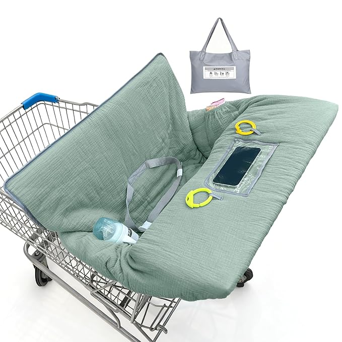 Muslin Shopping Cart Cover for Baby Soft & Breathable High Chair Covers for Restaurant Seat Grocery Cart Cover with Storage Pocket Machine Washable for Infant Toddler Boy Girl, Sage Green