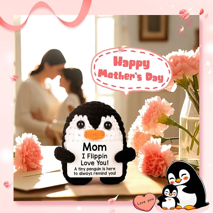 Mothers Day Birthday Gifts for Mom from Daughter Son, Handmade Crochet Mini Penguin Mom Gifts for Mother‘s Day Birthday Mama Mommy Mother in Law Bonus Step, Funny I Love You Moms Small Cute Decor