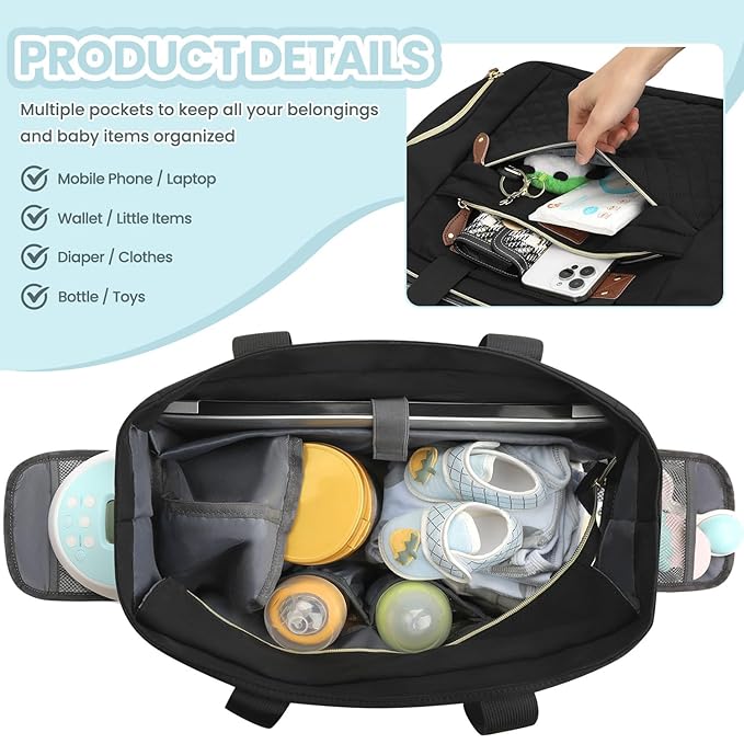 Pritent Diaper Bag Tote for Working Mom, Large Travel Diaper Tote for Mom and Dad with 14 Inch Laptop Sleeve, Mommy Maternity Travel Baby Bag for Boys and Girls, Black