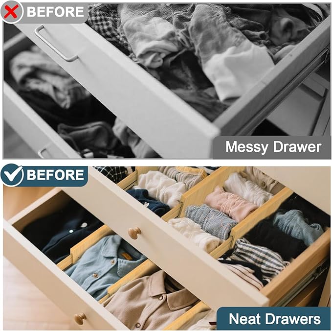 Lzerking Dresser Drawer Organizers 4.65" High, Adjustable from 12-17.5" Bamboo Deep Drawer Dividers, Expandable Organization for Clothes, Dressers, Bedroom, Kitchen Storage