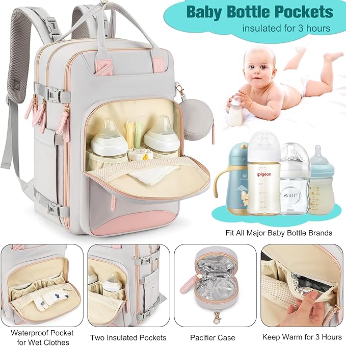 BAGPARKK Diaper Bag Backpack, Multi function Baby Bag with Portable Changing Pad, Pacifier Holder,Waterproof Diaper Bags with USB Charging Port,Anti-Theft Travel Backpack for Mom, Dad, Newborn (Gray)