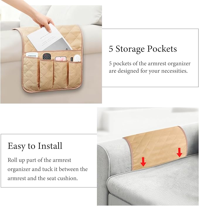 Armchair Caddy Couch Caddy, Remote Control Holder, Non-Slip Sofa Armrest Organizer, Couch Organizer with 5 Pockets, for Cell Phone TV Remote Holder Magazines (LIGHT KHAKI)
