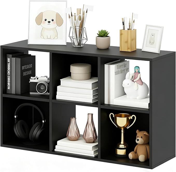 6-Cube Storage Organizer, Black Bookshelf with Open Compartments for Home Office, Modern Bookcase Display Shelf for Living Room, Bedroom & Entryway