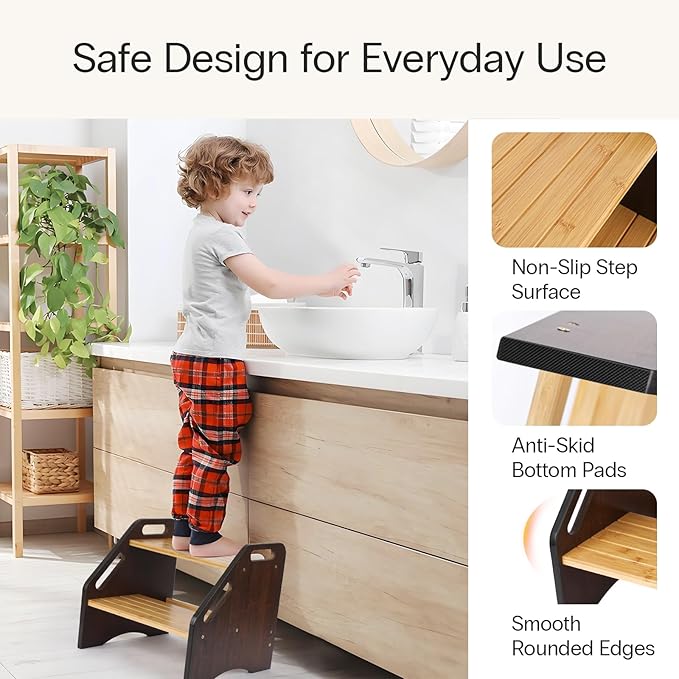 StrongTek Bamboo Kids Step Stool with Handles, 15" Wide Non-Slip Steps, 350 lb Capacity, Portable 2-Step Wooden Footstool, Easy to Assemble & Clean, Ideal for Bathroom, Kitchen, Sink & Toilet