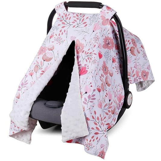 Rquite Car Seat Cover Baby, Carseat Covers Baby Girl, Minky Infant Car Seat Cover Winter, Peekaboo Opening Car Seat Canopy, Multi-use Baby Carrier, Stroller, Nursing Cover, Minky Blanket, Pink Flower