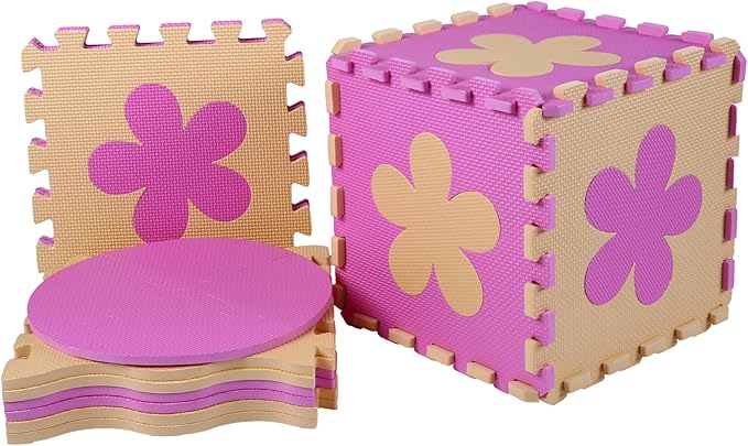 Tamiplay Foam Play Mat for Kids，25Pcs Square Interlocking Puzzle Floor Mat，Baby Play Mat Floor Mat Foam Puzzle Playmat for Toddlers with Fence（Pink Flower-CSH032