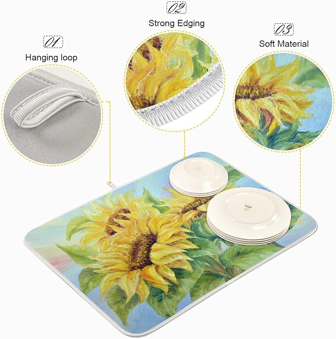 Absorbent Dish Drying Mat for Kitchen Counter - Oil Painting Sunflower Microfiber Drying Pad, Reversible Drainer Mats for Countertop, Large 18" x 24"