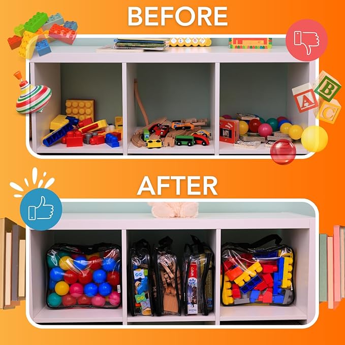 5-Pack Toy Storage Bags for Kids – Clear Organizer Pouch with Zippers & Labels – Large PVC Clear Storage Bags for Legos, Building Blocks & Board Games – Stackable Toy Organizers – 12"x 9.5"