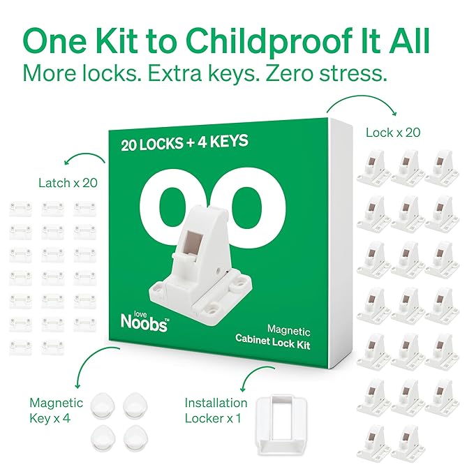Easy Installation Magnetic Child Safety Cabinet Locks by LoveNoobs™, 20 Locks + 4 Keys, Keep Your Little Ones Safe with Easy-to-Install, Secure Baby Proofing for Cabinets and Drawers