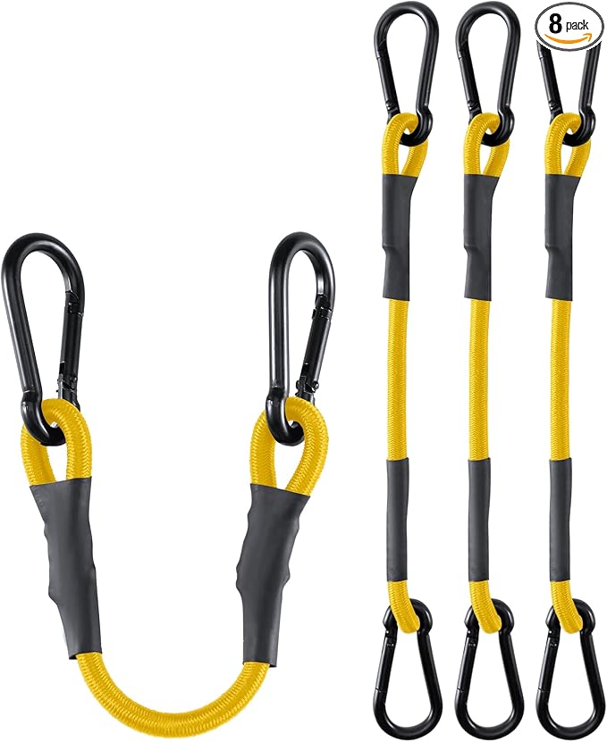 8 Pack 36 Inch Heavy Duty Bungee Cords with Carabiner Hooks, 190 lbs Max Strength Bungee Straps for Cargo, Bike, Cart, Roof Rack, Truck, Tent, Camping, Motorcycle, Outdoor Storage and More, Yellow