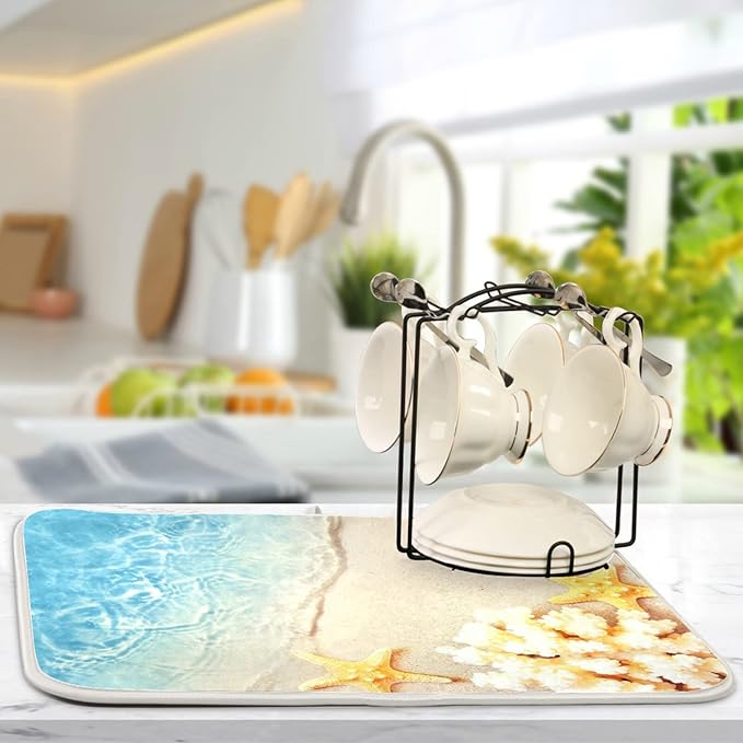 Absorbent Dish Drying Mat for Kitchen Counter - Starfish Coral Summer Microfiber Drying Pad, Reversible Drainer Mats for Countertop, Small 16" x 18"
