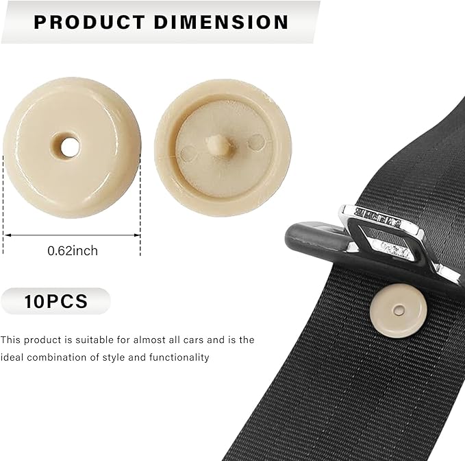 10 Sets Seat Belt Button Stop, Snap-on Seatbelt Stopper Kit Prevent Buckle from Sliding Down, No Welding Required Plastic Safety Belt Stop Clip for Cars Trucks SUVs (Beige)