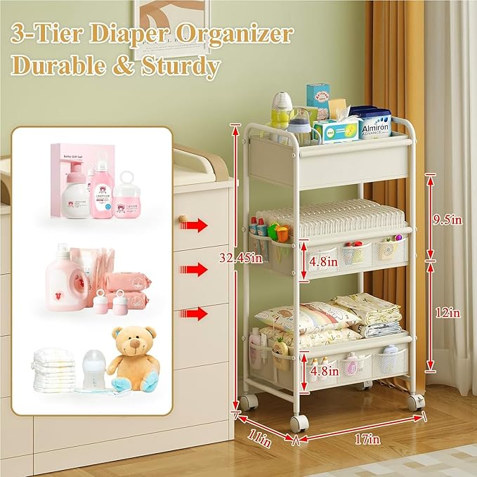 3-Tier Baby Diaper Caddy Cart Organizer,Mobile Nursery Storage Carts with Wheels,With 2 Dividers&14 Mesh Pockets Durable Metal Utility Cart for Nursery, Bedroom, Bathroom, Baby Essentials Organization
