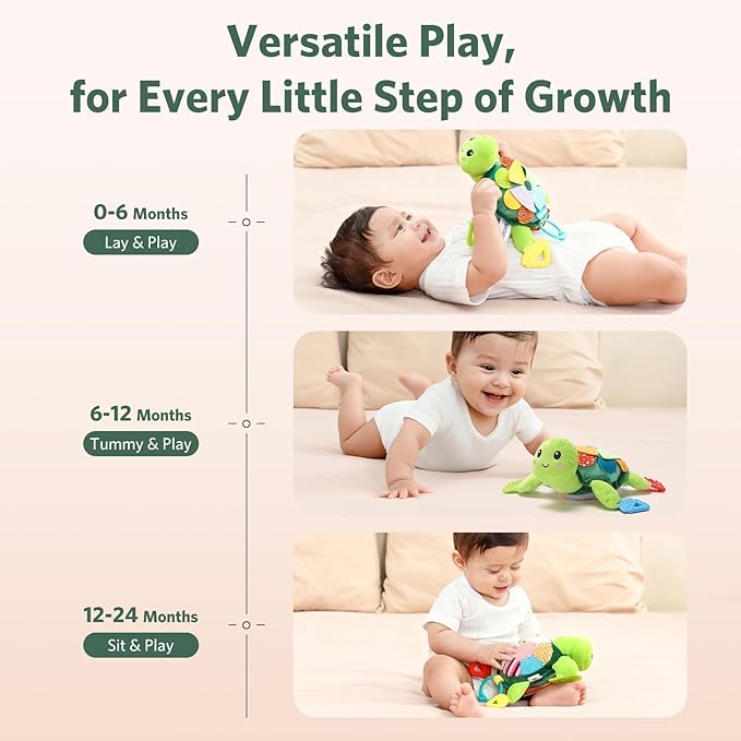Turtle Baby Sensory Toy, 6 in 1 Montessori Tummy Time Toys Baby Texture Toys, Flip Scales & Multi-Textured Belly & Rattle Squeaker Teethers, Early Educational Toys for 0-3 Years Newborn to Toddler
