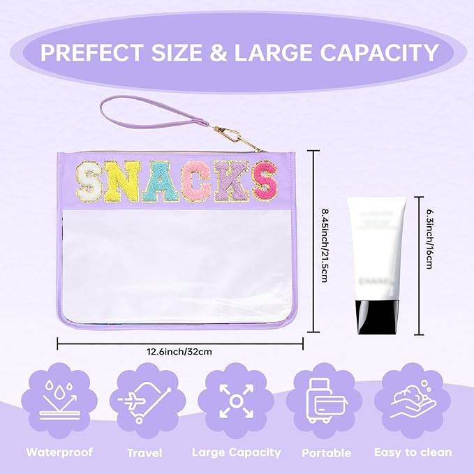 Chenille Letter Clear Zipper Pouch for Travel Preppy Patch Makeup Bag-Nylon Cosmetic Preppy Makeup Waterproof Organizer Bag Set for Women Valentines Bag (ZS-SNACK)