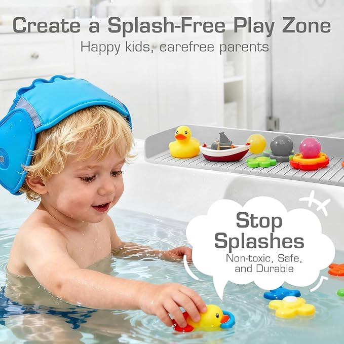 31.5" Bathtub Splash Guard for Kids & Toddlers- Silicone Play Shelf & Toy Storage Tray with Strong Suction Cups to Prevent Water Spills, No-Leak Fun Bath Time - Tub Toy Holder Ledge,Grey