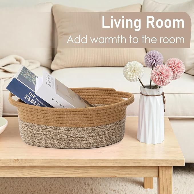 JMvicyroam Woven Basket,Small Rope Storage Bin with Handles & Ribbon Bag, Organizer for Shelves Closets,Gift Basket Empty for Birthday,Books,Dog Toys, Jute&Brown/2 Pack