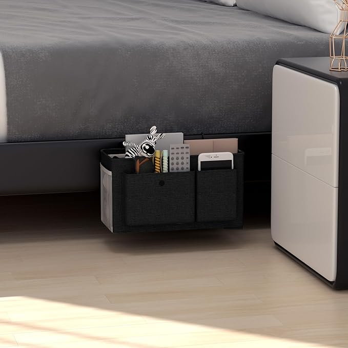 Edudif Bedside Caddy Bedside Organizer with Fixed Straps & Water Bottle Holder, Bunk Bed Caddy ideal for Home, Dorm, Hospital, Crib, Versatile Bedside Storage Solution (Black)