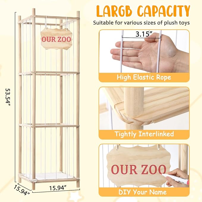 Stuffed Animal Storage & Organizer, Wooden Large Capacity Stuffed Animal Zoo with Elastic Cords, Sturdy Space-Saving Plushie Toy Shelf Cage Tower for Nursery Playroom Bedroom 54 in, Easy to Install